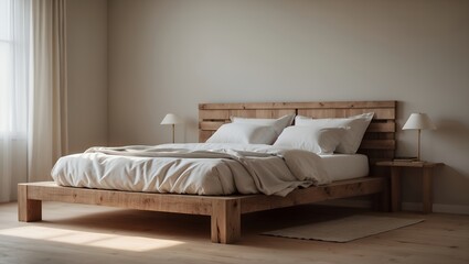 The interior of a modern and minimalist bedroom with a wooden bed, white bedding, and warm lighting creating a calm, cozy, and serene atmosphere