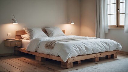 The interior of a modern and minimalist bedroom with a wooden bed, white bedding, and warm lighting creating a calm, cozy, and serene atmosphere