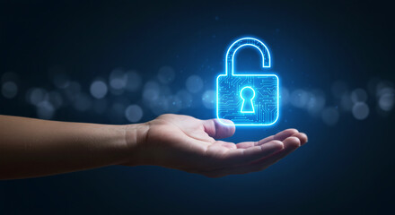 Cybersecurity Shield: A luminous lock levitates in the palm of a hand, representing the abstract concept of safety, security, and the defense of valuable digital information.
