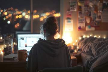 Student girl doing her homework late at night in her room