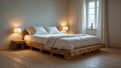 The interior of a modern and minimalist bedroom with a wooden bed, white bedding, and warm lighting creating a calm, cozy, and serene atmosphere