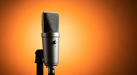 Studio Microphone on a Stand with an Orange Gradient Background for Professional Recording