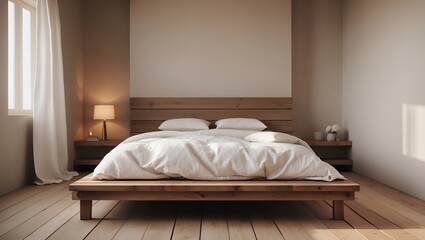 The interior of a modern and minimalist bedroom with a wooden bed, white bedding, and warm lighting creating a calm, cozy, and serene atmosphere