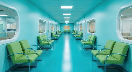 Turquoise Hallway with Green Chairs and Porthole Windows: Modern Waiting Area