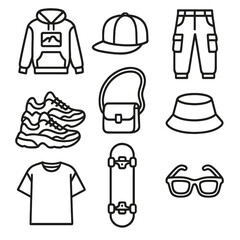 Streetwear Icons. Line style icons of Streetwear Essentials: graphic hoodie, snapback cap, cargo pants, chunky sneakers, crossbody
