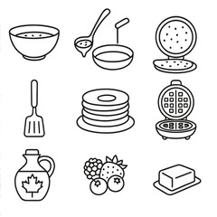 Oat Pancakes & Waffles Icons. Line style icons of Oat Pancakes and Waffles: oat batter bowl, ladle pour, non-stick griddle, flip