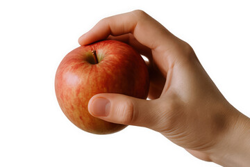 A close-up of a hand holding a fresh red apple against a plain background.