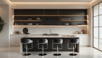 The interior of a luxurious and modern minimalist kitchen with a large black island, bar stools, and warm ambient LED lighting creating an elegant design