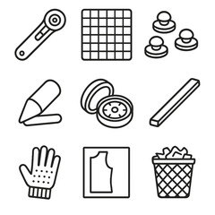 Fabric Cutting Station Icons. Line style icons of Fabric Cutting Station: rotary cutter, self-healing mat, pattern weights, chalk