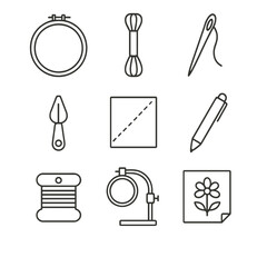 Fototapeta premium Embroidery Supplies Icons. Line style icons of Embroidery Supplies: embroidery hoop, floss skein, embroidery needle, needle