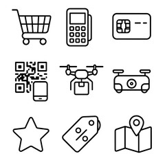 E-Commerce Tech Icons. Line style icons of E-Commerce Technology: shopping cart, payment gateway, credit card chip, QR pay code,