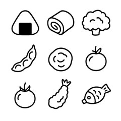 Japanese Bento Icons. Line style icons of Japanese Bento Box Items: rice onigiri, tamagoyaki slice, karaage chicken, edamame pod,