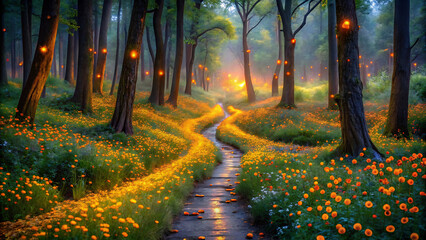 Enchanting forest path illuminated by warm lanterns and wildflowers at dusk
