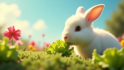 Cute white rabbit eating greens in a flower meadow.