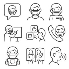 Fototapeta premium Communication Aids Icons. Line style icons of communication aids with masks: speech bubble with mask icon, clear panel face mask,