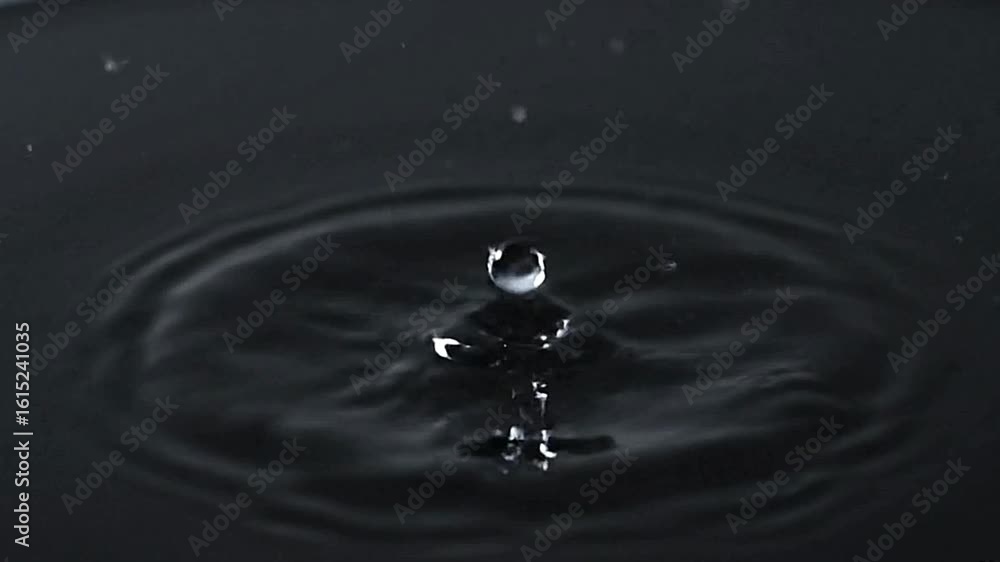 Poster water drop plunging into liquid creating splash and ripple effect on a dark surface
