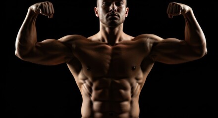 Powerful physique of a muscular man flexing biceps with dramatic lighting effect