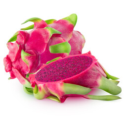Whole red fleshed pitahaya fruit with half isolated on white background