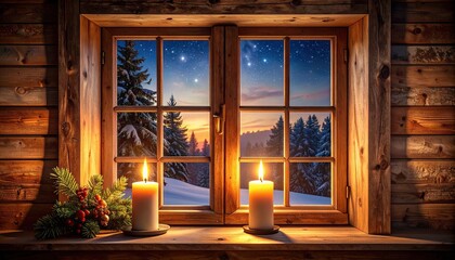Warm Candlelight Illuminating Wooden Window Frame Overlooking Snowy Winter Landscape at Dusk