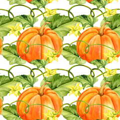 watercolor ripe orange pumpkins with green leaves, stems and yellow flowers, seamless pattern, autumn harvest illustration, hand drawn sketch, for Halloween, thanksgiving day, fall festival decoration