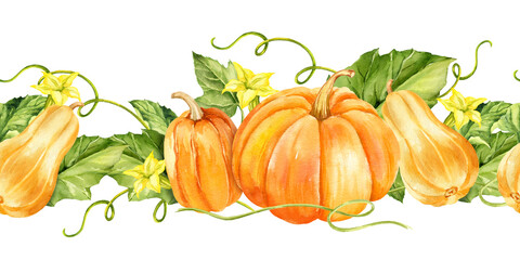 watercolor ripe orange pumpkins with green leaves, stems and yellow flowers, seamless border, autumn harvest illustration, hand drawn sketch, for Halloween, thanksgiving day, fall festival decoration