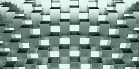 3d rendering of geometric wall with cube cutouts in a grid pattern. Modern architectural abstraction with symmetry and depth.