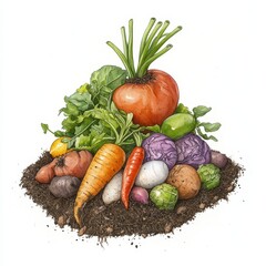 Colorful Vegetable Harvest Illustration on Dark Soil