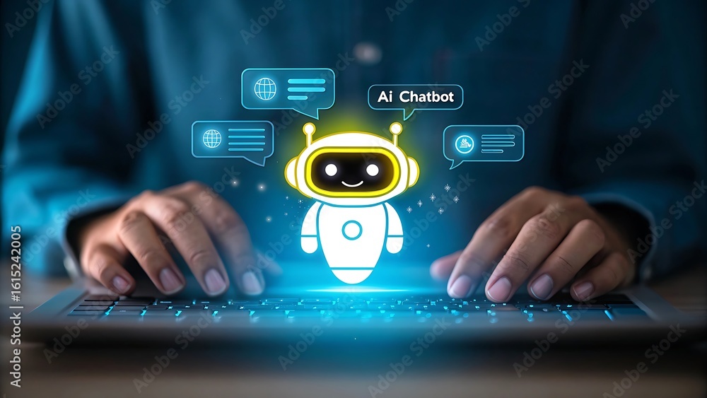 Poster person typing on a laptop with a glowing friendly ai chatbot interface appearing above the keyboard