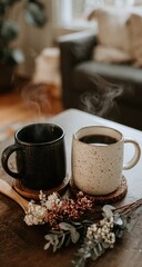 Two steaming mugs on a table, one dark & one speckled, atop wooden coasters. Dried flowers sit nearby. Soft, blurred background with a couch. Cozy, warm tones