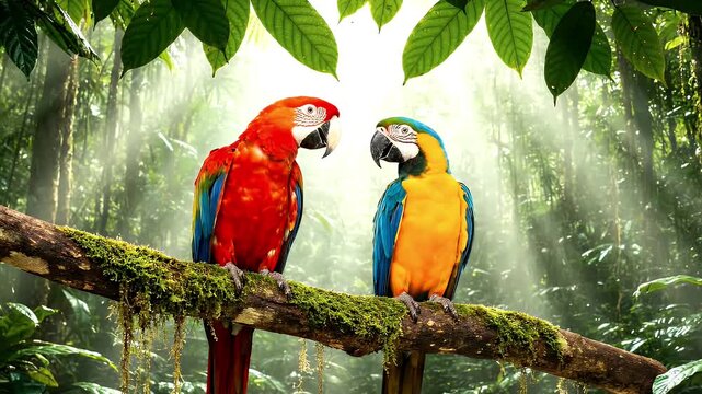 Two colorful parrots perch on a mossy branch in a sunlit rainforest setting