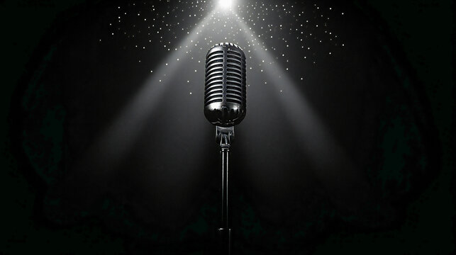 Microphone with bokeh light background, stand up comedy show, karaoke or singing contest, background for poster design, open mic and jokes show