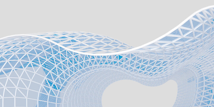 3d rendering of abstract architectural wave structure with a white and blue grid mesh. Futuristic design with flowing curves and open form.