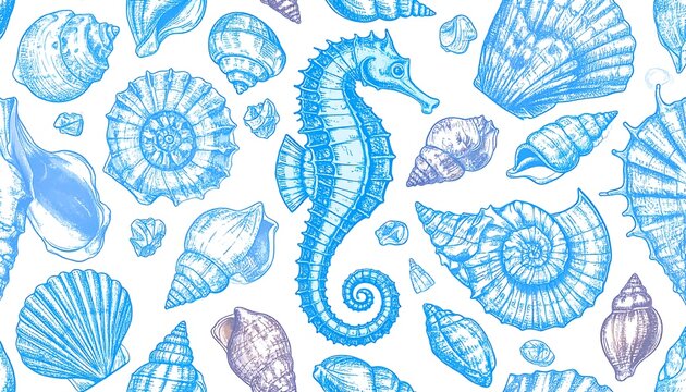 A pattern of sea shells and a seahorse in pastel blues and light purples