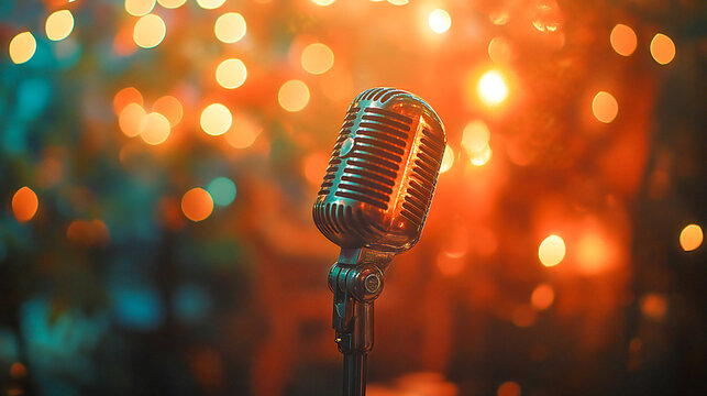 Microphone with bokeh light background, stand up comedy show, karaoke or singing contest, background for poster design, open mic and jokes show