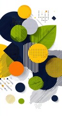Abstract shapes with circles, squares, triangles, and a leaf, using patterns like dots and lines on a white background. Bold colors create a modern and geometric design