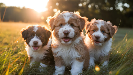 Adorable bernedoodle puppies playing in grass at sunset cute dogs pet photography bernedoodles dog breeds