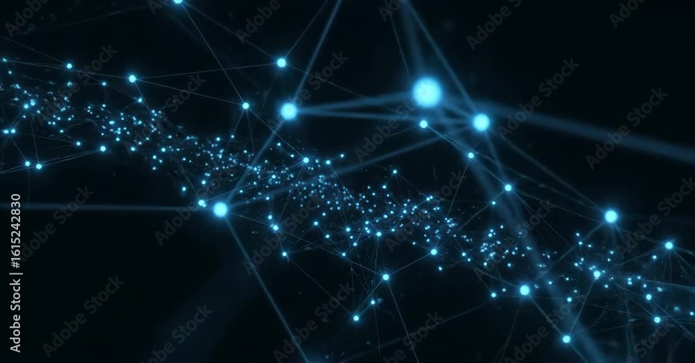 Poster an abstract digital background with glowing blue particles forming a wavy, interconnected network, p