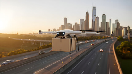 Drone delivery service concept future of fast package shipment with drone over city highway cityscape view