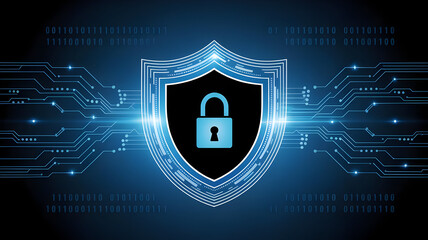 Cybersecurity concept with shield and padlock for data protection and network security technology