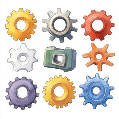 Colorful Watercolor Gear Collection on White Background