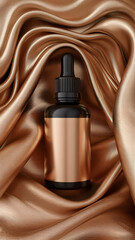 Serum bottle mockup on gold silk fabric for beauty product and skincare advertising and presentation use