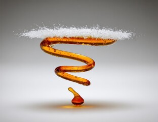 A swirling amber fluid connects a heap of white granules to a single falling drop, all highlighted against a neutral gradient background