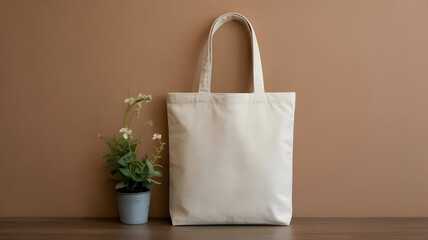 Eco friendly canvas tote bag mockup blank cotton reusable shopping bag with flower pot background