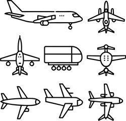 Airplane Icons:  Simple Line Art Graphics, Travel Transportation Set, Modern Minimalist Style