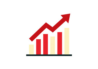 Red and beige bar graph with upward trending arrow