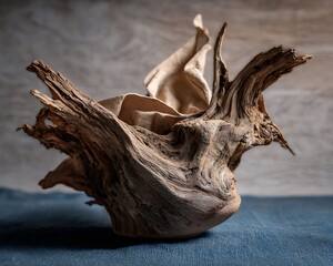 Natural asymmetry of driftwood crumpled fabric and simple pottery styling
