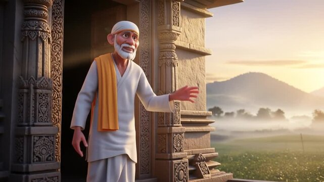 Baba's Message of Hope: Divine Figure Animated Scene in a Serene Landscape, Bringing Peace and