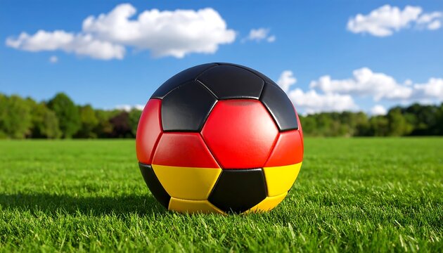 German Flag Soccer Ball on Green Grass with Blue Sky and Clouds Background