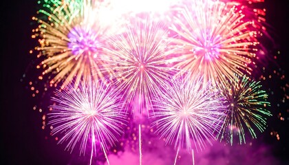 Vibrant fireworks display at night, showcasing colorful bursts and smoky trails against a dark sky