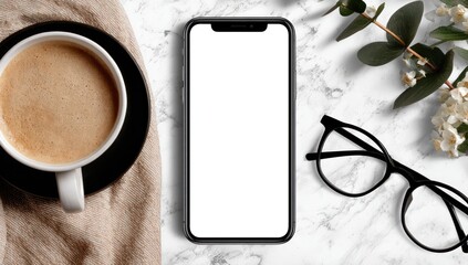Smartphone with blank screen lies on marble, surrounded by coffee cup, beige cloth, glasses, and greenery creating a clean, minimalist aesthetic workspace